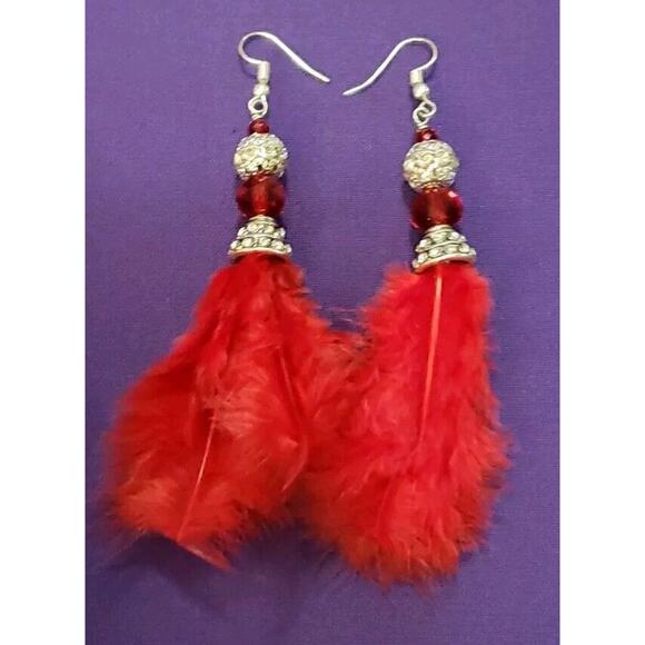 Long Red Feather Dangle Earrings Clear Rhinestone Crystal Ball Silver Tone - Picture 1 of 6